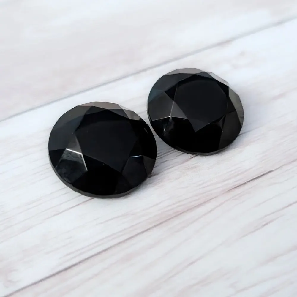 Vintage Clip On Earrings Black Glass? Faceted Circle Large 15/16